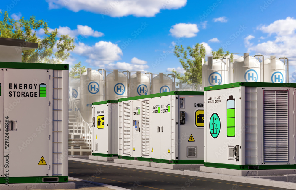 Obraz premium Energy storage, battery containers store and redistribute electricity at a hydrogen production facility using clean energy technology.
