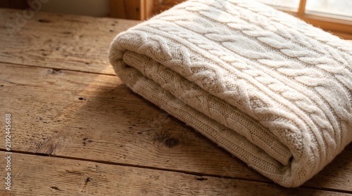 Folded ivory cashmere cable knit blanket beside natural cedar wood with warm morning sunlight and soft shadows, cozy luxury textile background with copy space