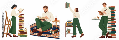 Set of illustrations featuring people reading books, browsing shelves, and relaxing in a cozy library or home environment.
