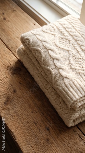 Folded ivory cashmere cable knit blanket beside natural cedar wood with warm morning sunlight and soft shadows, cozy luxury textile background with copy space