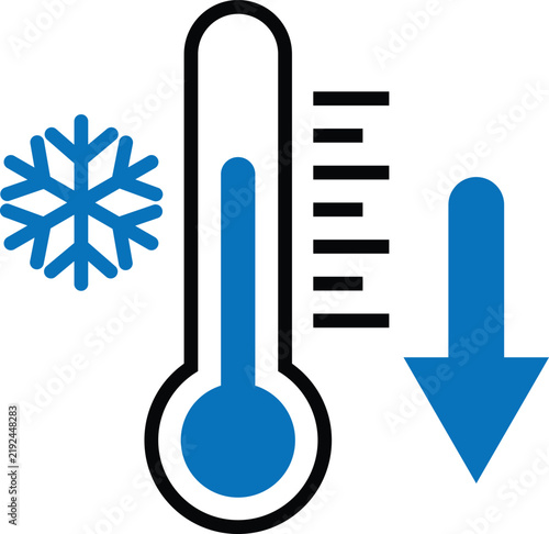 Flat icon of a thermometer with a snowflake and downward arrow indicating cold weather climate or low temperature