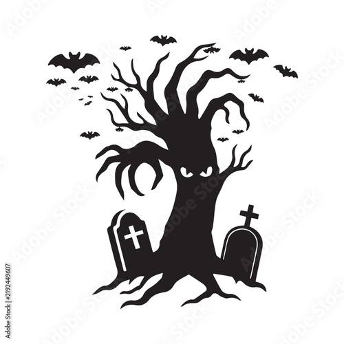 Spooky Haunted Tree with Glowing Eyes Gravestones and Flying Bats Silhouette Halloween Vector