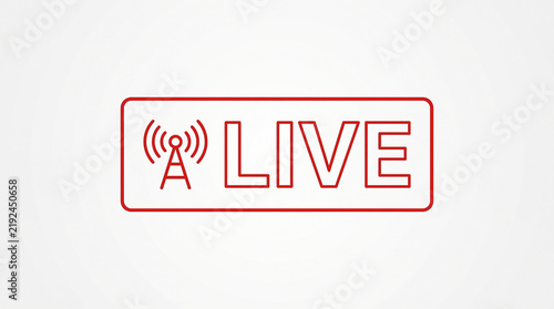 Live broadcast sign icon with radio tower. Red outline outline symbol for streaming media