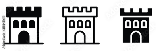 WebCastle fortress tower vector icon set. Medieval stronghold, architecture building, defense wall symbol for game, history, security design. Vector illustration.