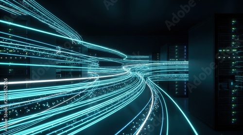 Next generation artificial intelligence architecture featuring Fiber optic matrix connecting ai in high tech corporate data center
