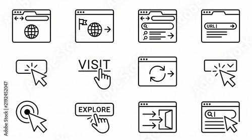Web Navigation and Browser solid icon set containing icons for Browser Window URL Bar Mouse Click Visit Button and Search for web design