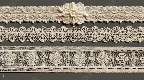 Collection of ornate lace trims with fine openwork detailing, symmetrical patterns, soft ivory tones, and realistic fabric texture, isolated for a textile catalog presentation