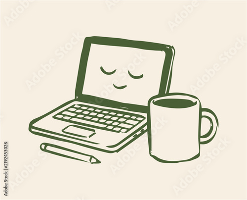 computer technology retro vintage laptop monitor setup workstation desk keyboard mouse mug coffee doodle illustration vector lineart drawing sketch set collection icon cute character face happy gamer