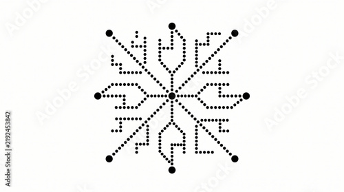 Geometric snowflake pattern formed by black dots. Abstract winter design element and digital matrix
