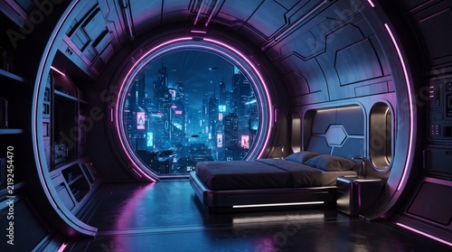 Circular Cyberpunk Apartment Window with Neon Blue Pink Purple Lighting and Futuristic Cabin Interior