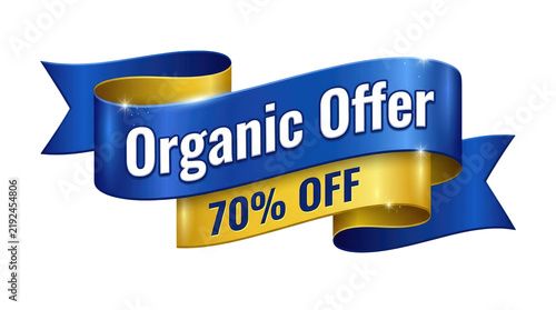 Promotional ribbon banner displaying organic discount offer of seventy percent off