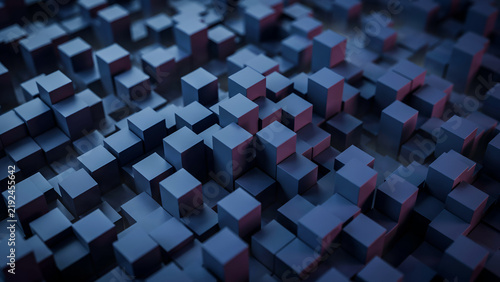 Abstract background of many blue cubes of different heights forming a 3d landscape with soft lighting and depth of field
