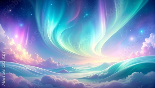 幻想的なオーロラの光と雲海が広がる夢のような宇宙空間の背景