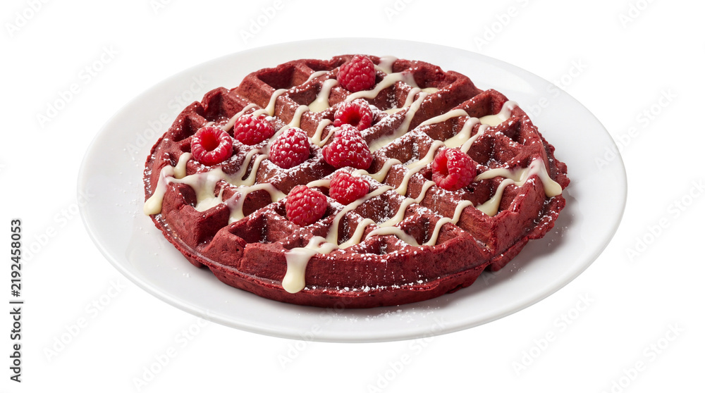 Obraz premium Red velvet waffle with fresh raspberries and white chocolate drizzle, gourmet dessert on white plate, sweet breakfast pastry isolated on white