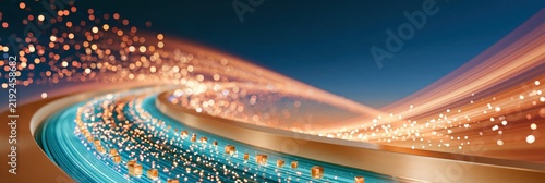 Abstract flowing luminous particles and glowing parcels on curved path with bokeh background in warm and cool tones