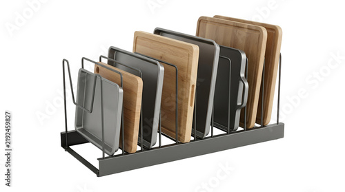 Set of wooden and metal kitchen cutting boards in a storage rack