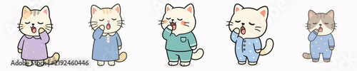 Vector set of a cat in pajamas, yawning and looking sleepy.