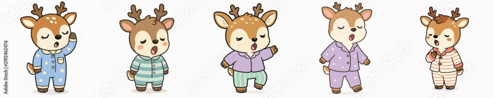 Obraz premium Set of cute vector deer wearing pajamas, looking sleepy and yawning.