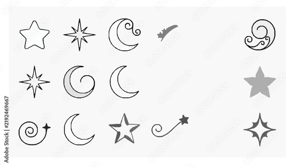 Obraz premium Hand Drawn Stars Sparkles and Whimsical Swirl Celestial Vector Elements