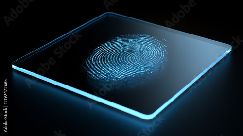 Obraz w ramie High-tech blue fingerprint scanner interface panel for secure digital access
