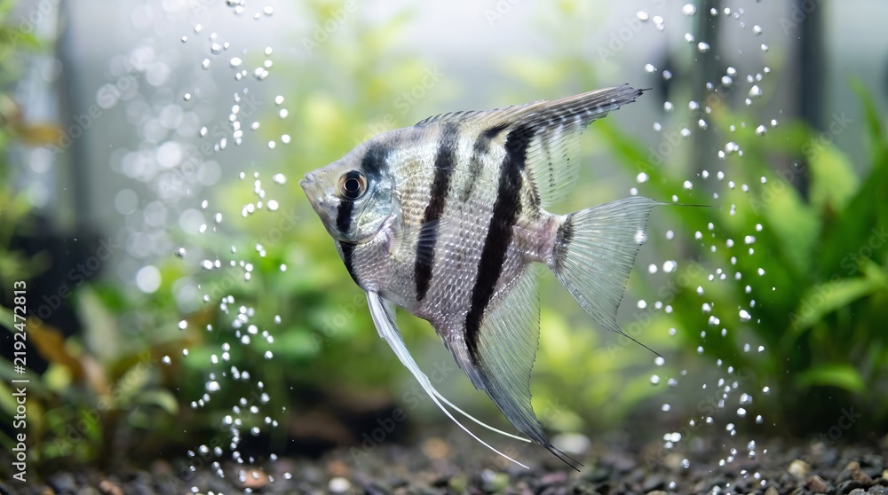 Obraz premium Zebra angelfish, Pterophyllum scalare, swimming gracefully inside aquarium
