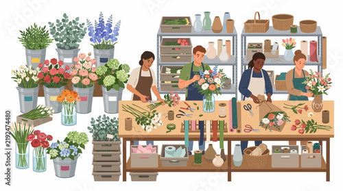 Diverse florists arranging bouquets and preparing flowers in a bright workshop setting