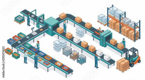 Automated Factory Production Line with Workers and Forklift in Isometric View