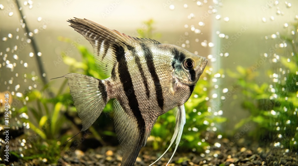 Obraz premium Zebra angelfish, Pterophyllum scalare, swimming gracefully inside aquarium