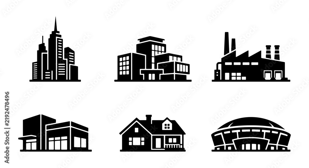 Fototapeta premium Modern City Buildings, Industrial Factory, Residential House, Sports Arena Icons Set