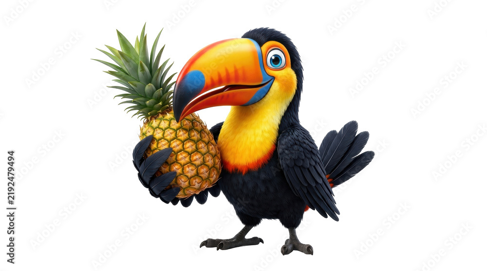 Fototapeta premium Contemporary abstract 3D visual art showcasing Toucan bird holding pineapple is designed for commercial marketing backdrop