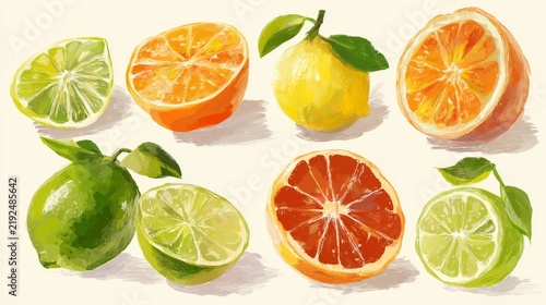 Fresh citrus fruit collection with vibrant colors, detailed vector illustration of juicy slices and whole fruits, highlighting vitamins and freshness