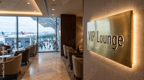 'VIP Lounge' sign displayed inside luxurious airport waiting area, elegant seating and refined interior, premium travel atmosphere, sophisticated modern design