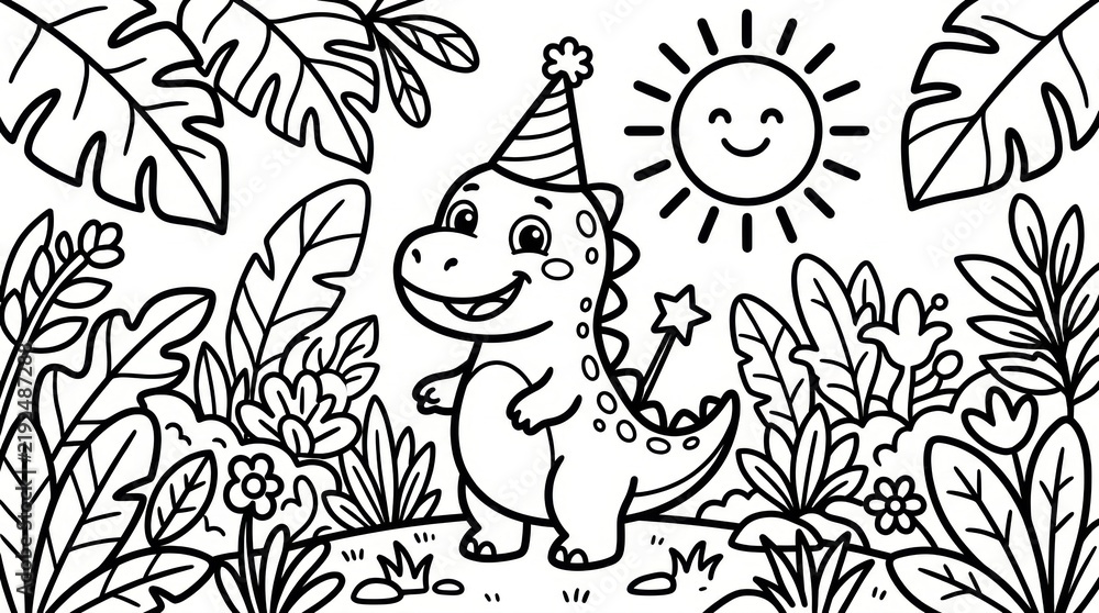 Obraz premium A cute cartoon baby dinosaur wearing a birthday party hat and holding a magic star wand stands happily within a lush tropical forest under a smiling sun