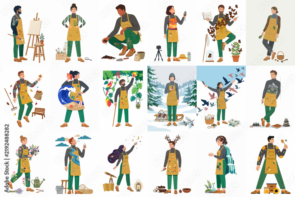 Fototapeta premium Flat illustration set of diverse people in aprons engaged in various creative hobbies, crafts, and outdoor activities like gardening, painting, and cooking.
