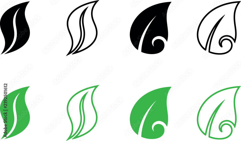 Obraz premium Set of hand drawn leaf icons in black and green colors for nature and environment design projects
