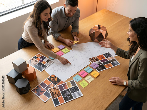 Diverse professional team collaborating on a creative project using sticky notes and mood boards in a modern office workspace