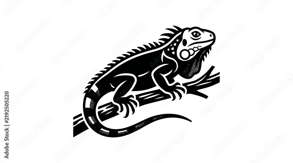 Fototapeta premium Iguana lizard perched on tree branch linocut graphic.