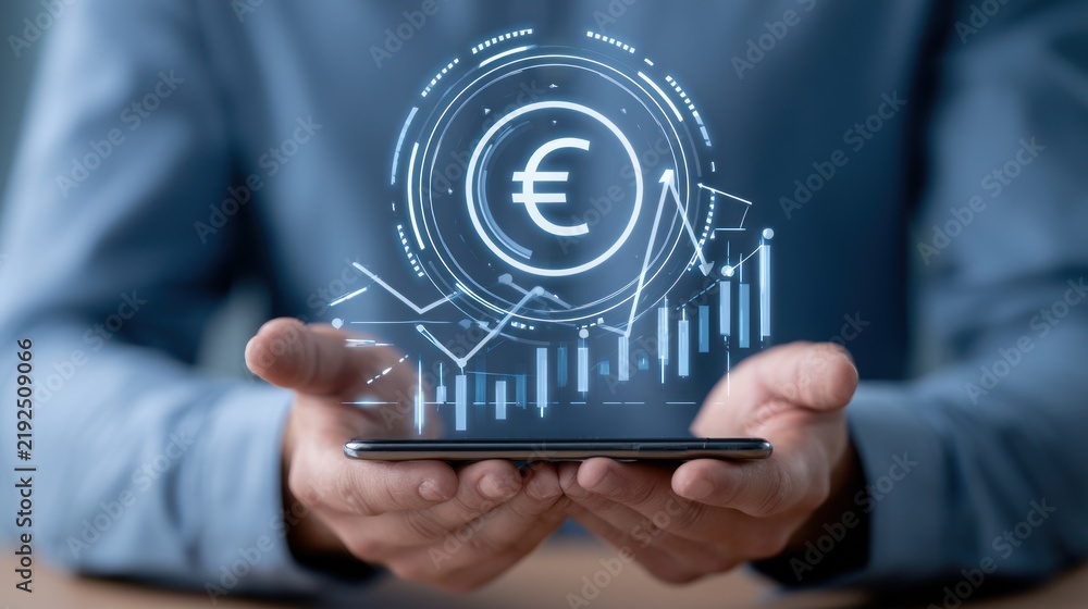 Obraz premium Man holding smartphone displaying futuristic financial trading charts with euro symbol