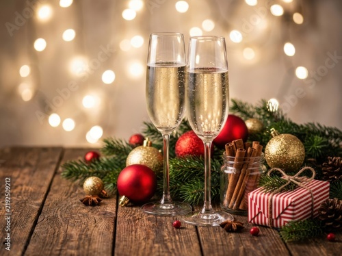 Festive holiday setting with champagne and christmas decorations