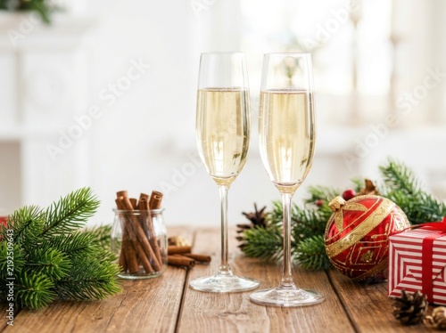 Christmas champagne toast with festive ornaments and cinnamon