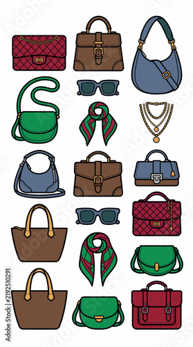 Flat Vector Illustration of Designer Handbag Collection in Grid Layout