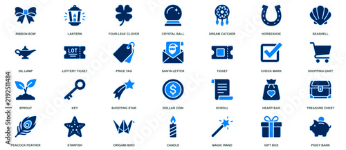Set of blue and black icons representing lucky charms and fortune symbols.