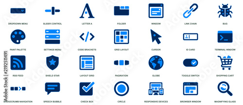 Modern user interface and web development icons featuring digital navigation and layout elements in blue.