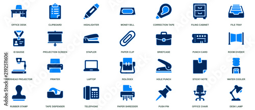 Set of blue and black office supply icons for business and work environment illustrations.