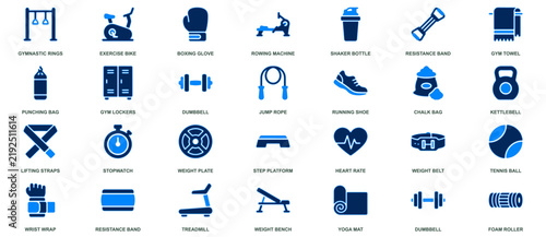 Collection of blue and black fitness and gym equipment icons for healthy lifestyle designs.