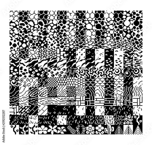 Black and white pixel art collection featuring diverse seamless-style textures, patterns, natural motifs, geometric designs and decorative surfaces.