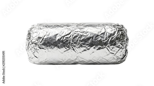 Burrito wrapped in aluminum foil isolated on a white background for food delivery and menu design
