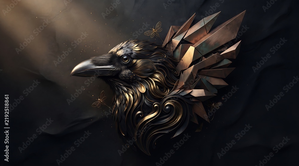 Obraz premium Stylized black raven profile with ornate metallic bronze feathers on dark background