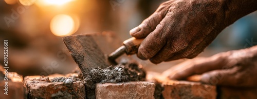 Builder with a trowel is constructing a brick wall  