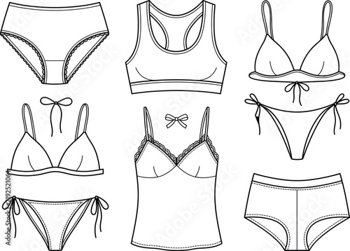 Women lingerie line art vector collection featuring underwear sets lace camisole sport bra bikinis and female apparel icons